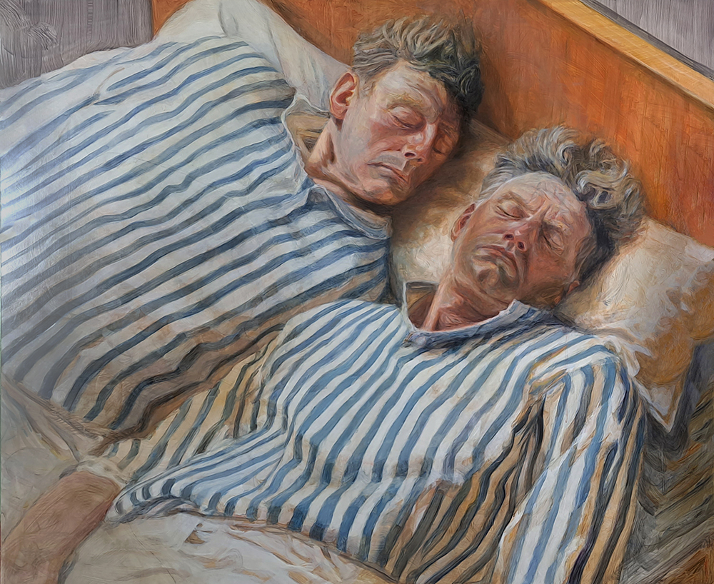 Norman Leto, Dvojčat&aacute; z knihy J. Littella Kindly Ones, o &scaron;tyridsať rokov nesk&ocirc;r Olej na drevovl&aacute;knitej doske, 120x100, 2023